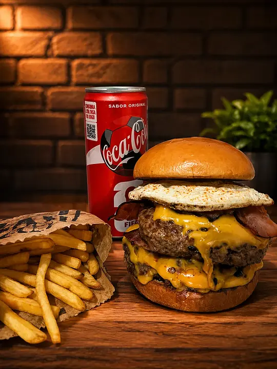 1 MEGA BRUTO + BATATA FRITA + COCA COLA LATA 310ml